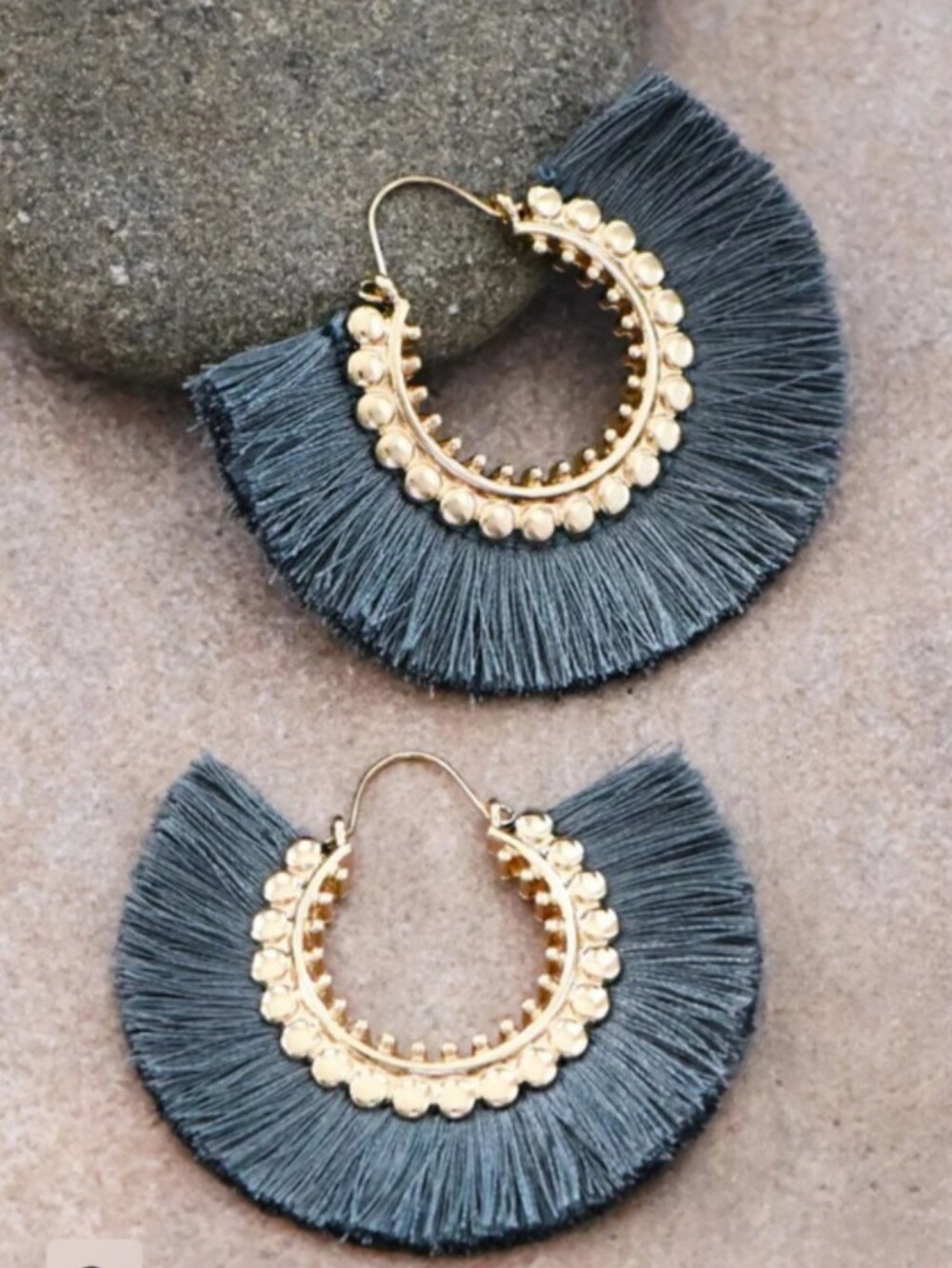 Gold Hoop Tassel Earrings in Slate Gray - Women Jewelry